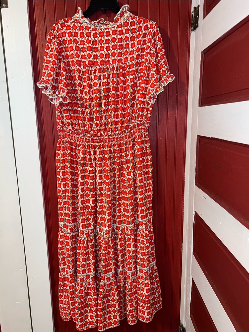 Max Studio Red Printed Tiered Midi Skirt with Cream Accents - Picture 6 of 9